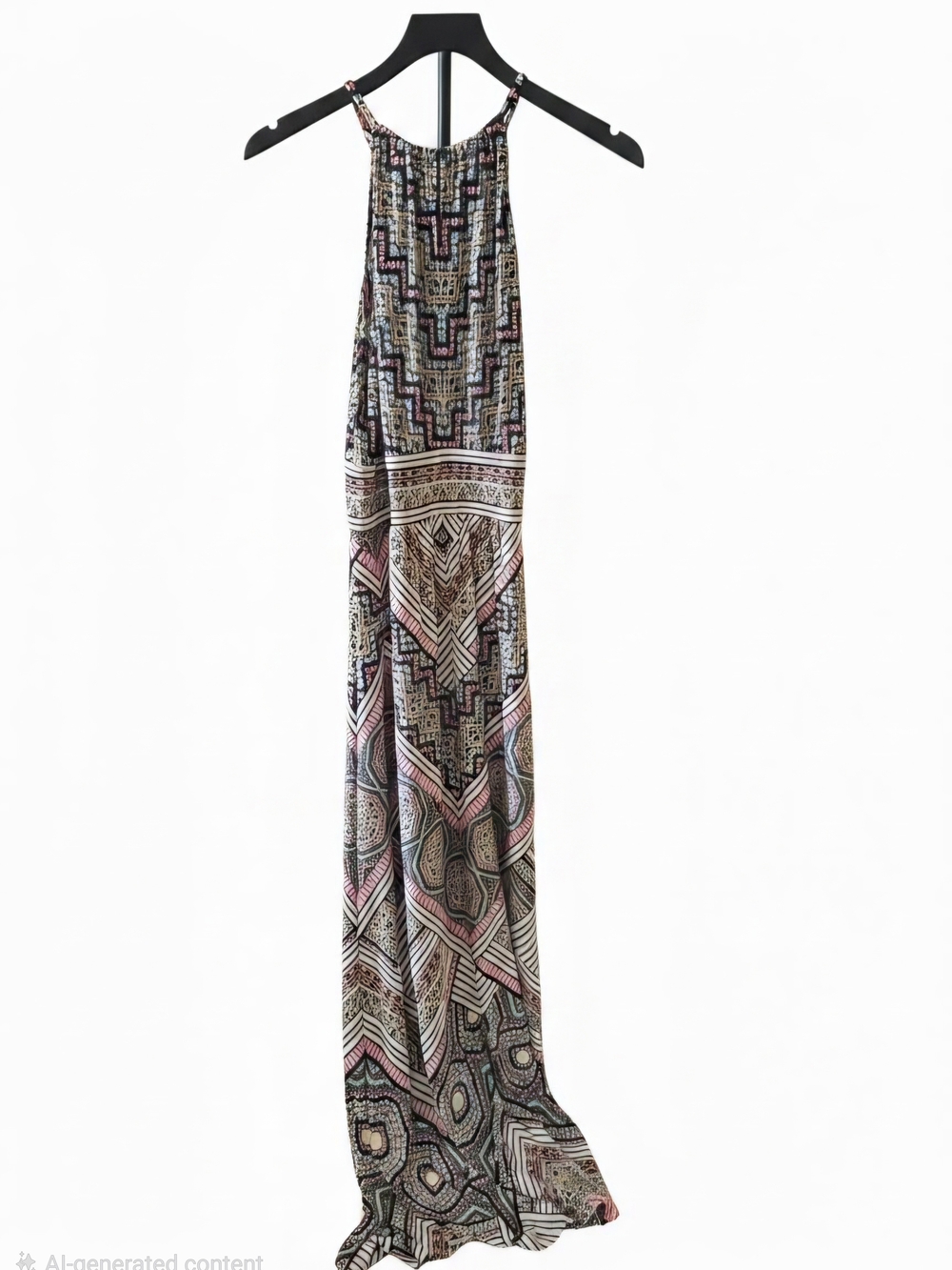 London Style Black Geometric Maxi Dress with Pink & Cream Accents